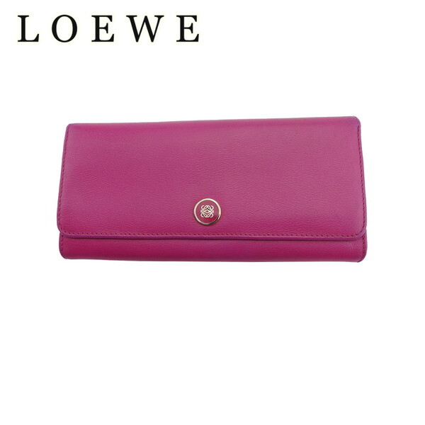LOEWE Long Wallet Anagram Button Pink Leather Authentic Used C4553