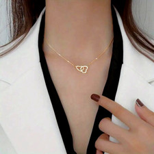 Stylish Golden Double Heart Shape Necklace Alloy Jewelry Women Girls Gift New
