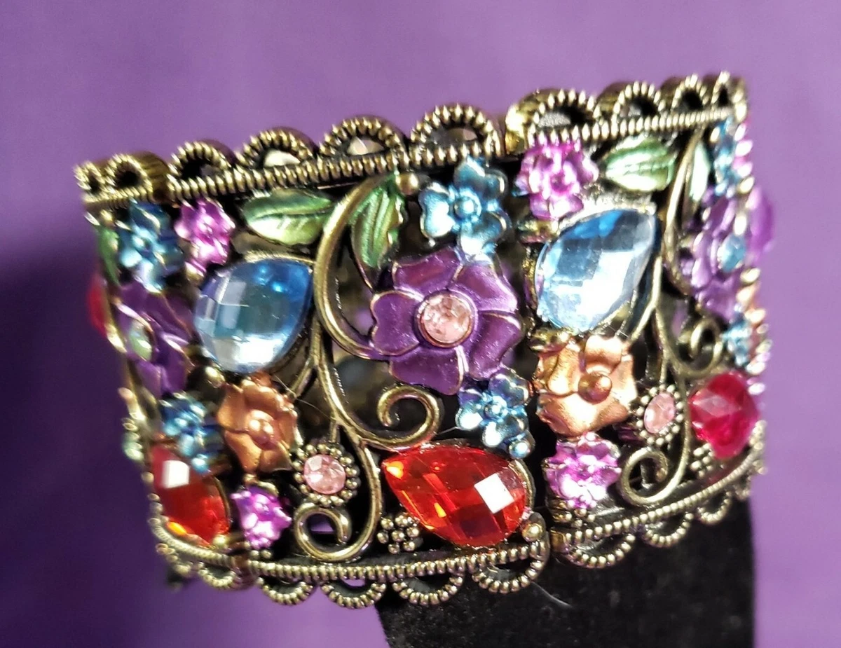 Large Colorful Floral Rhinestone Memory Wire Panel Cuff Bracelet Brass Tone