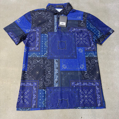 G/FORE Polo Shirt Men's Large Blue Paisley Bandana Stretch Performance Golf