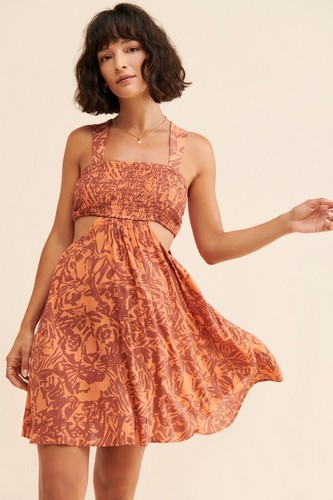 Neu mit Etikett Anthropologie Bandeau Piper orange rost Blumen Sommer Cutout Minikleid XL - Bild 3 von 9