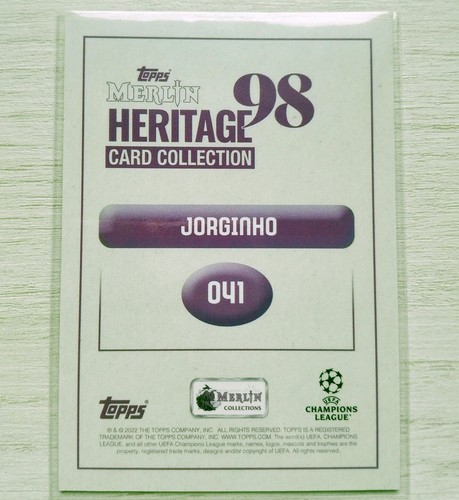 JORGINHO. TOPPS MERLIN HERITAGE 98 UCL 2022-23. BLUE. AUTO. NUMERADA 32/49 - Imagen 2 de 3