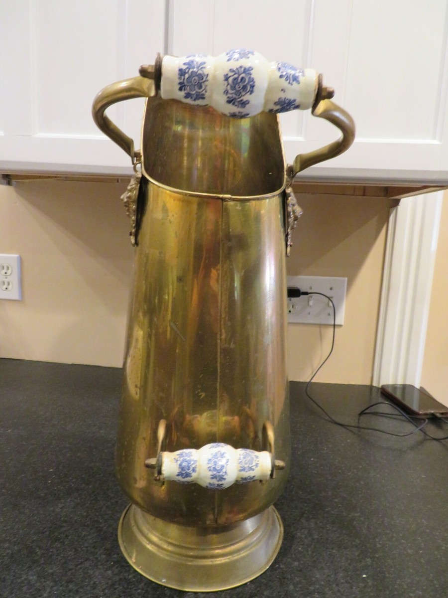 Vintage Brass Bucket Coal Ash Scuttle Ceramic White & Blue