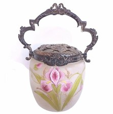 SUPERBE ANCIEN POT SEAU A BISCUITS EMAILLE DECORE IRIS  LEGRAS