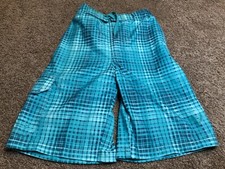 O'RAGEOUS Boys Blue Green Jade Checked Board Cargo Shorts Youth S 8 Swim Trunk