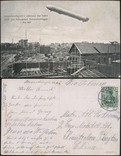 Germany 1910 Zeppelin PPC Donaueschingen to Kiautschou Tsingtau China / 257 RARE