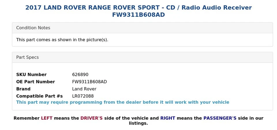 Land Rover Range Rover Sport 2017 - CD/radio receptor de audio FW9311B608AD Foto 3 de 4