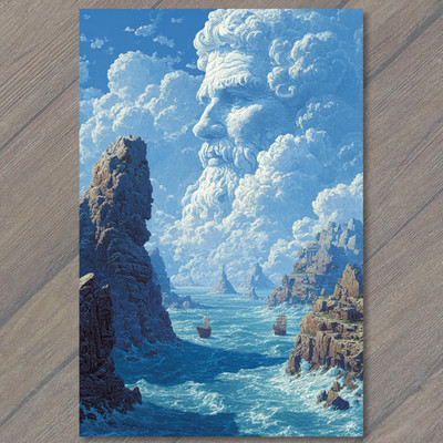 Art Print Epic Face In Sky Over Ocean Fortress Sailing Ship Below