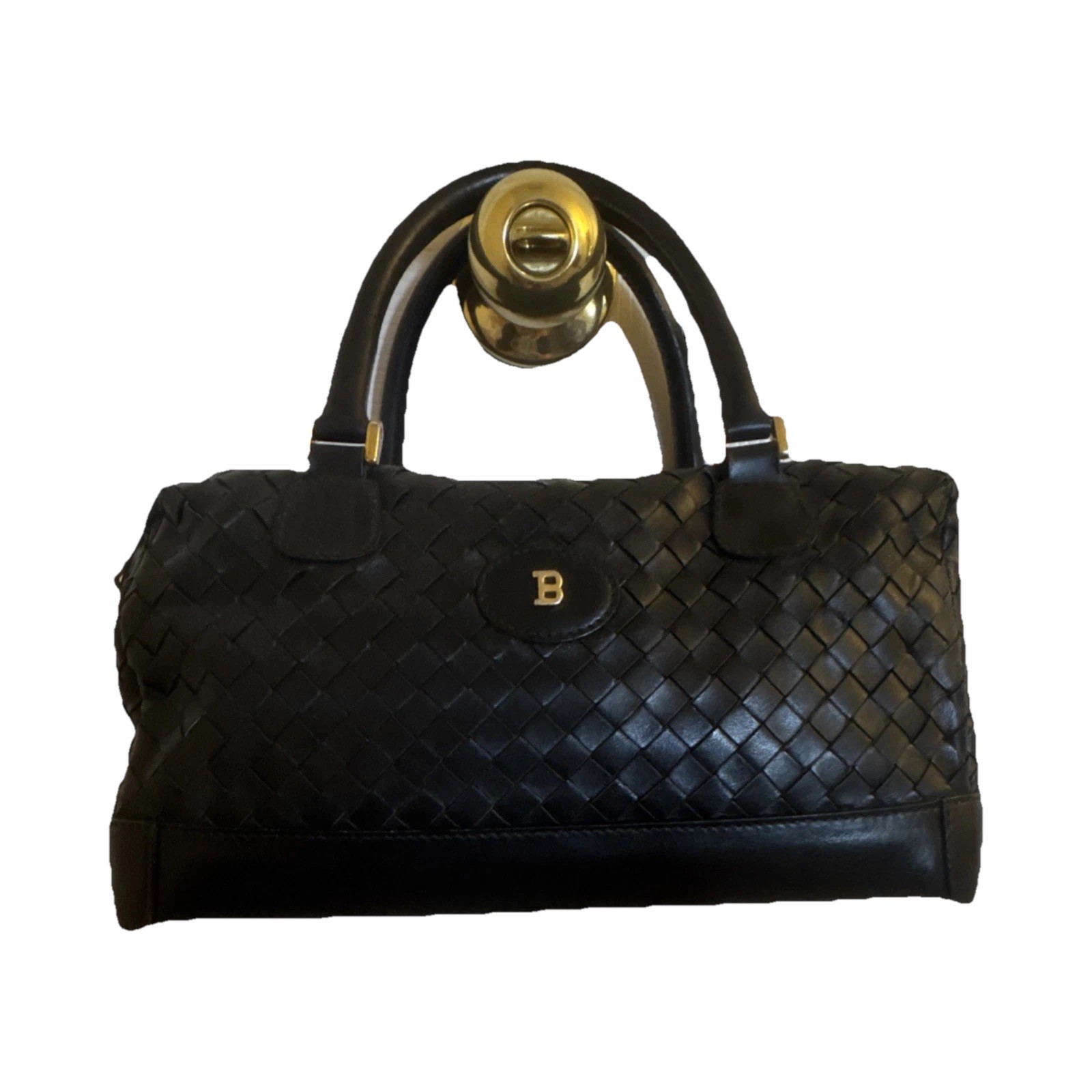 Bally Black Satchel Top Handle Zip Bag Gold Hardware Logo, Woven Pattern