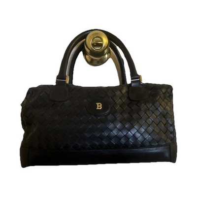 Bally Black Satchel Top Handle Zip Bag Gold Hardware Logo, Woven Pattern