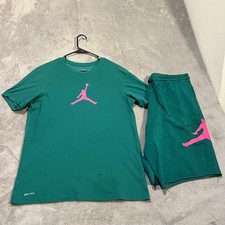 Jordan Jumpman Shirt Shorts Set Mens Large XL Green Pink Logo Dri-Fit Athletic
