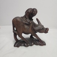 BEAUTIFUL Vtg HAND CARVED Wood "Boy Riding Ox Water Buffalo" Asian Folk Art