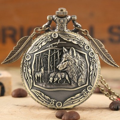 Bronze Taschenuhr Wolf Tier Design arabische Zahl Quarzwerk Kette Geschenk