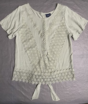 Daytrip Women's Small Pale Green Lace Crochet Overlay Ribbon Tie Back Top Blouse