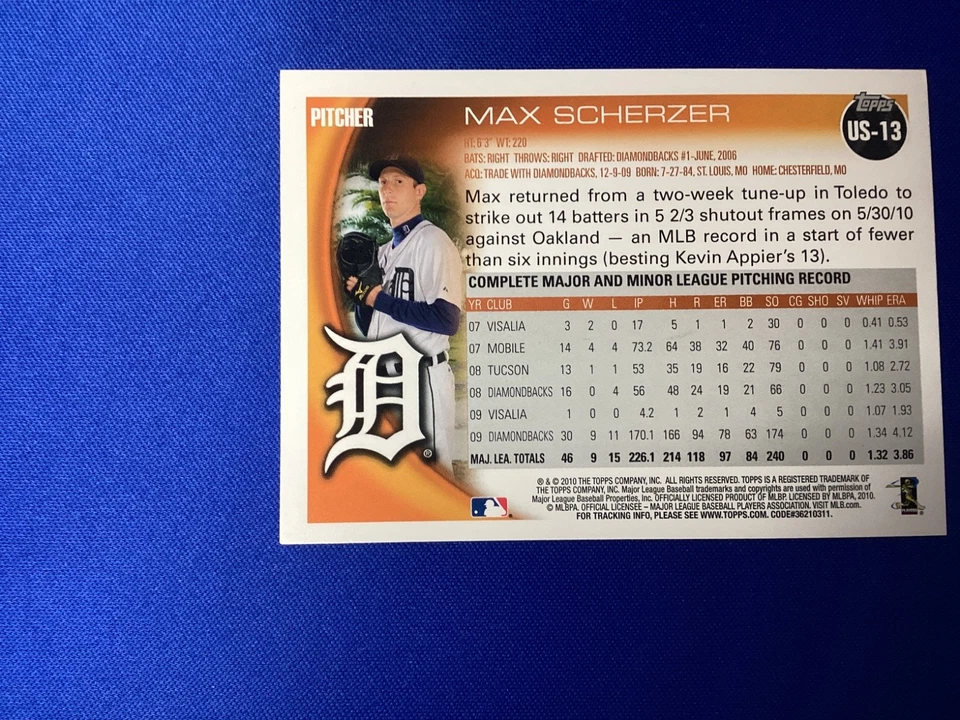2010 Topps Update Series - Max Scherzer #US-13 All-Black Detroit Tigers  - Image 2 of 2