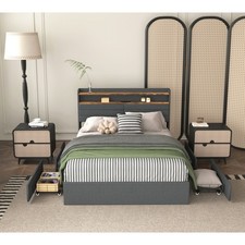 Bed Frame W 4 Storage Drawers Upholstered Platform LED Light Charging Station
