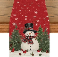 Artoid Mode Snowman Christmas Birds Trees Table Runner, Seasonal Winter Xmas