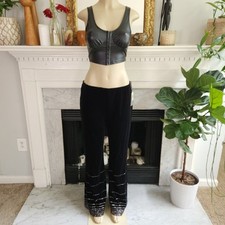 Vintage 80s Velvet Black Wide Leg Pants Disco Rhinestone Gothic Retro Size 12