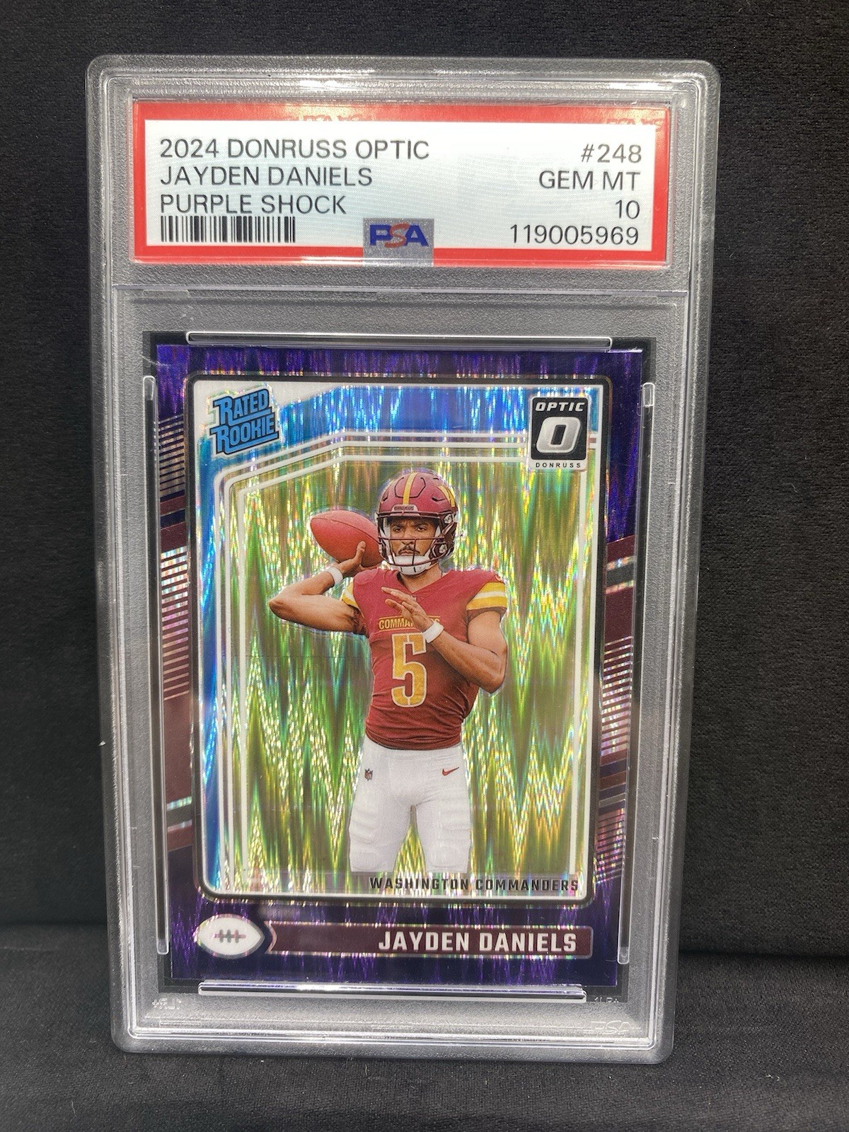 Panini 2024 Donruss Optic Jayden Daniels Rated Rookie #248 Purple Shock PSA 10