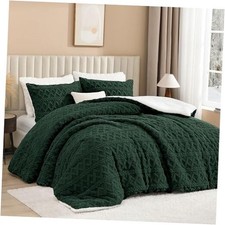 Fluffy Sherpa King Comforter Set Dark Green, Super Soft Emerald Green Fleece
