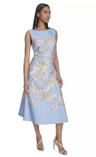 Halston Floral Sheath Dress 12 Blue Boat Neck Sleeveless Zip Knee Length