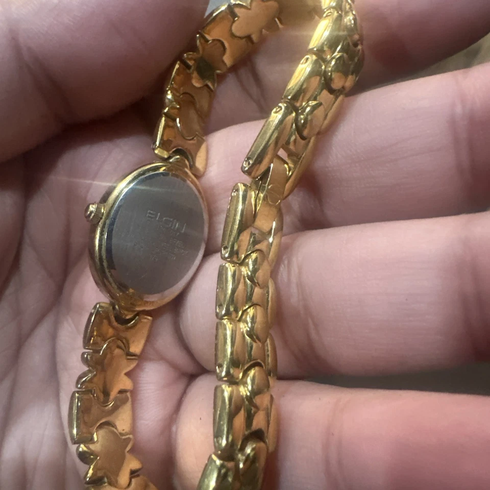 Elgin Women Oval Gold Crystals MOP Dainty Watch 18mm Fit 8in For Repair Nt Workn - Image 4 of 4