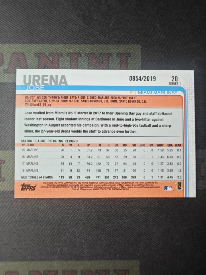 2019 Topps Series 1 Baseball Gold Jose Urena /2019 - Image 2 of 2