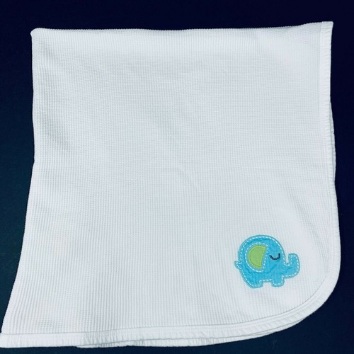 Gerber White Baby Blanket Blue Elephant Waffle Weave Thermal Cotton