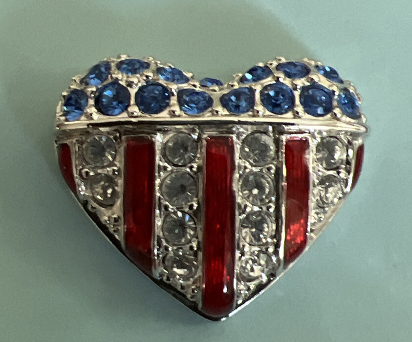 Red White and Blue Flag Heart Pin with Crystals Red White and Blue Flag Heart Pin with Crystals