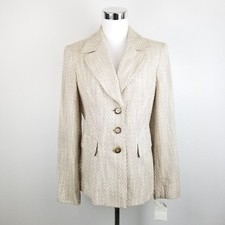Dressbarn Womens 6 Blazer Jacket Beige White Tweed Button-down Flap Pockets Nwt
