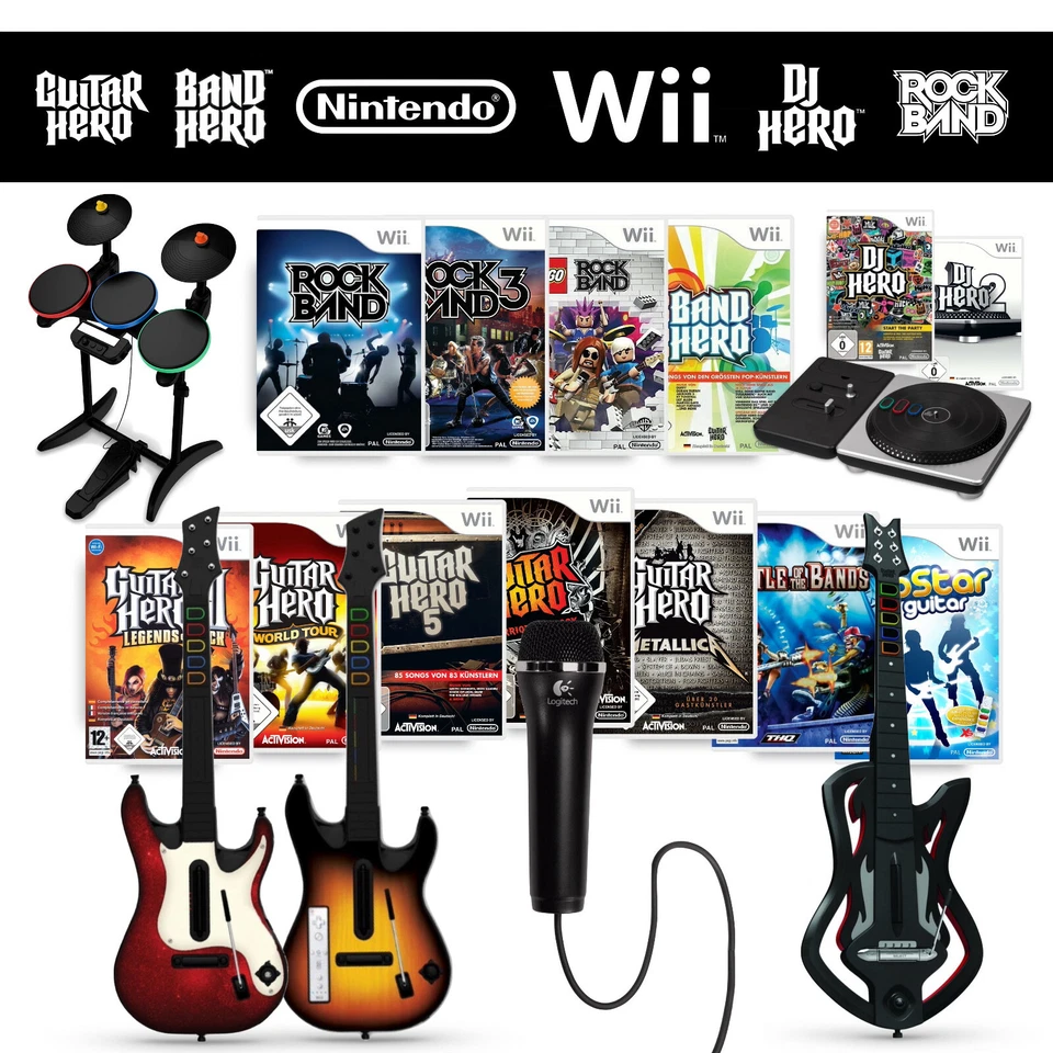 Nintendo Wii BAND Party 🎉 Spiele, Gitarre 🎸 und Mikro 🎤 Micro Auswahl 🔈🎵 - Bild 1 von 1