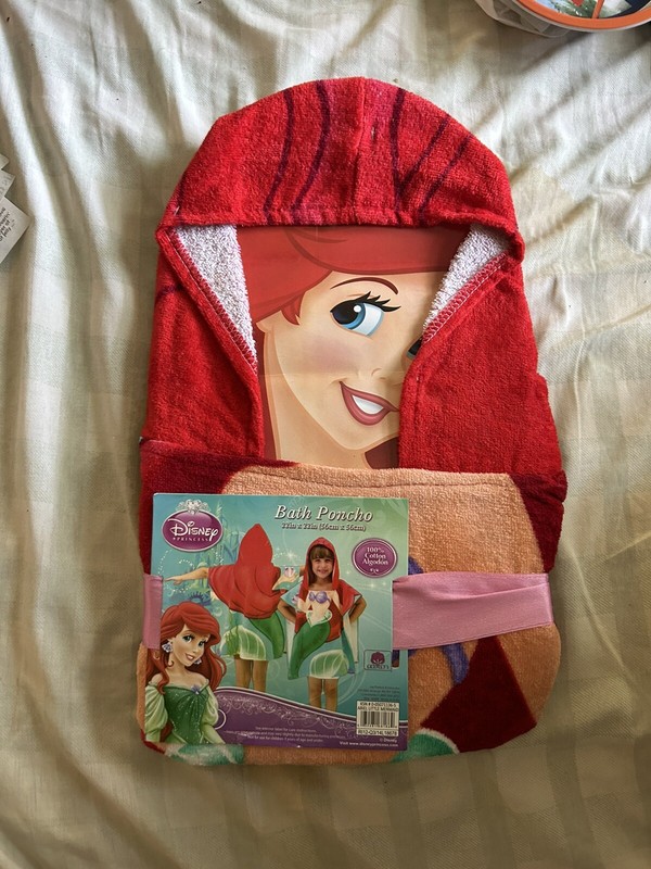 Disney Little Mermaid Ariel Hooded Towel Bath Poncho 22 X 22 100% Cotton New