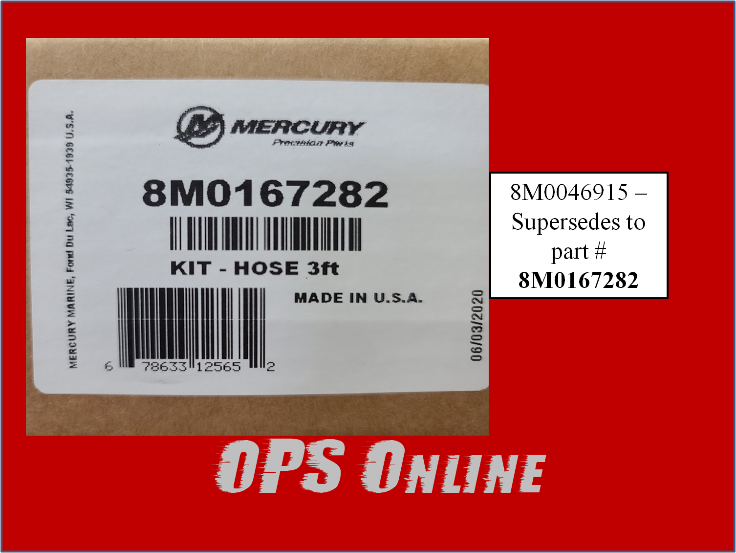 New/ OEM Mercury Verado Power Steering Hose Kit 3 FT. 8M0167282
