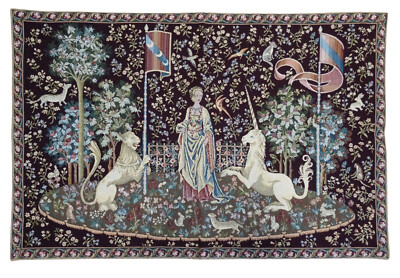 Wandteppich aus Italy Gobelin La dama e unicorno Gusto Arazzo Tapisserie Bordeux