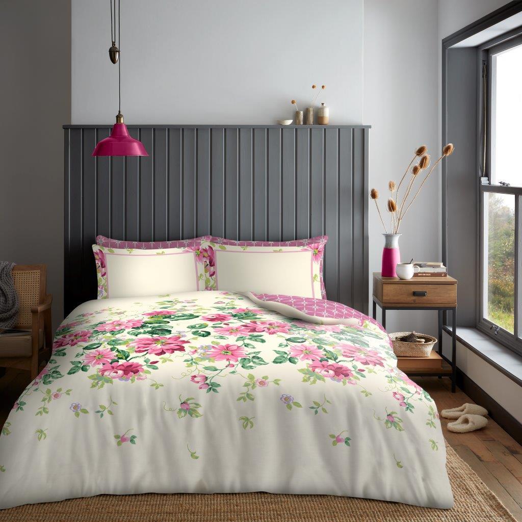 4-Piece Bedding Set – Duvet Cover, Fitted Sheet, Pillowcases, Double/King, Grey Floral, OEKO-TEX Certified