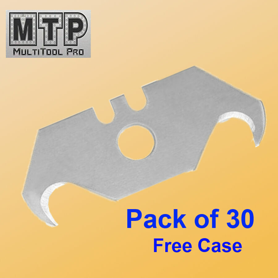 Pack 30 Pc Utility Hook Blades w/ Free Case Carpet Roofing Knife Standard Size