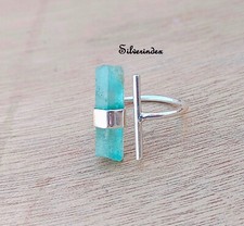 Aquamarine Bar Adjustable Ring 925 Silver Jewelry Gift For Love All Size Ring