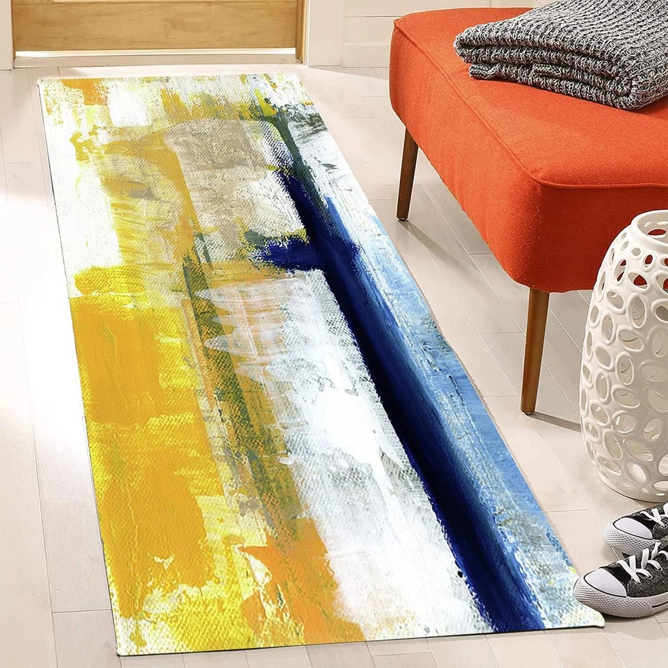 当代现代抽象蓝色黄色活力小地毯 5x7 超柔软羊毛... — 第 4/4 张图片