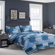 Quilt Set Queen Size Bedspread Coverlet Blue Plaid Patchwork Quilt Bedding Me...