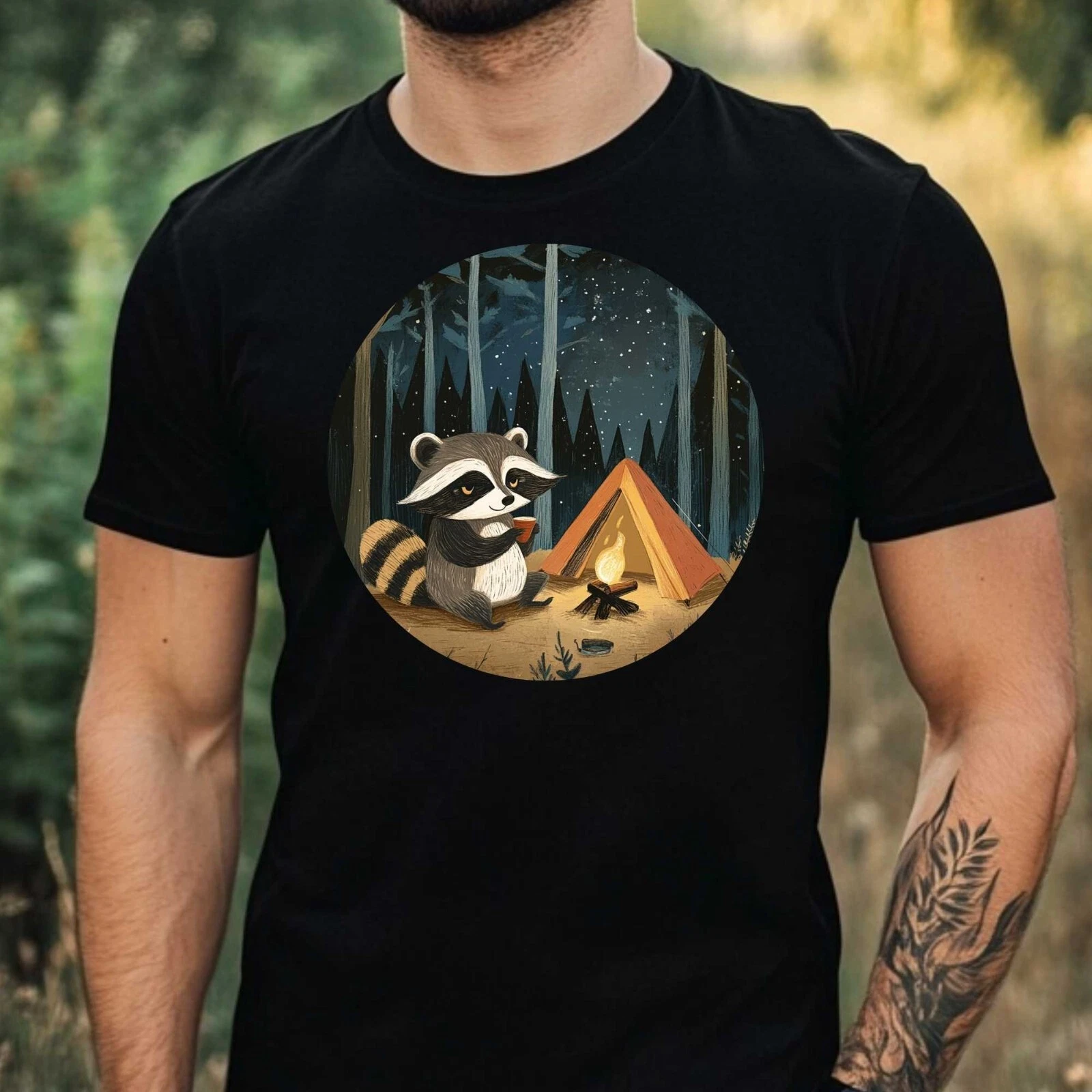 Mens Camping Raccoon Print Cotton T-Shirt Size XS to 5XL