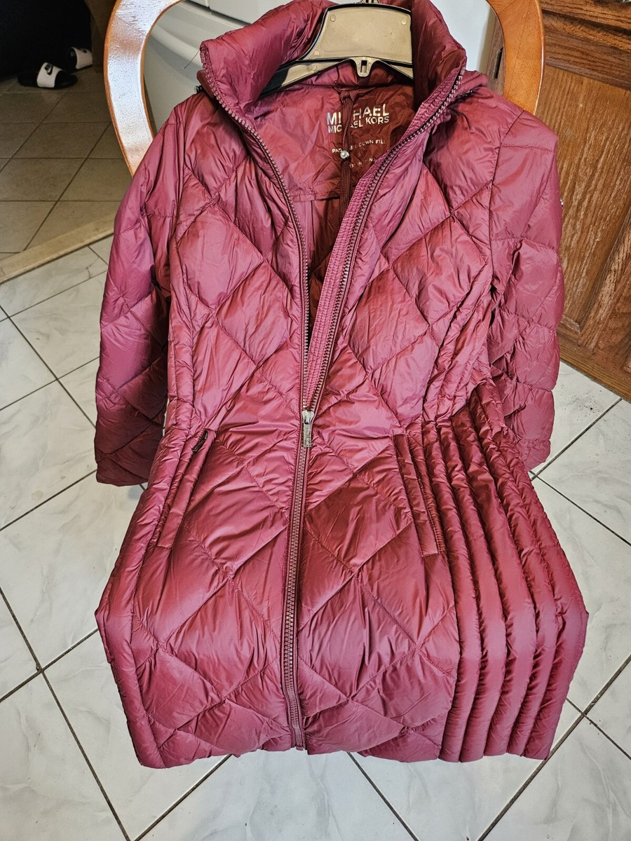 Michael Kors Packable Diamond Quilted Hooded Down Puffer Coat Jacket S  Brandy