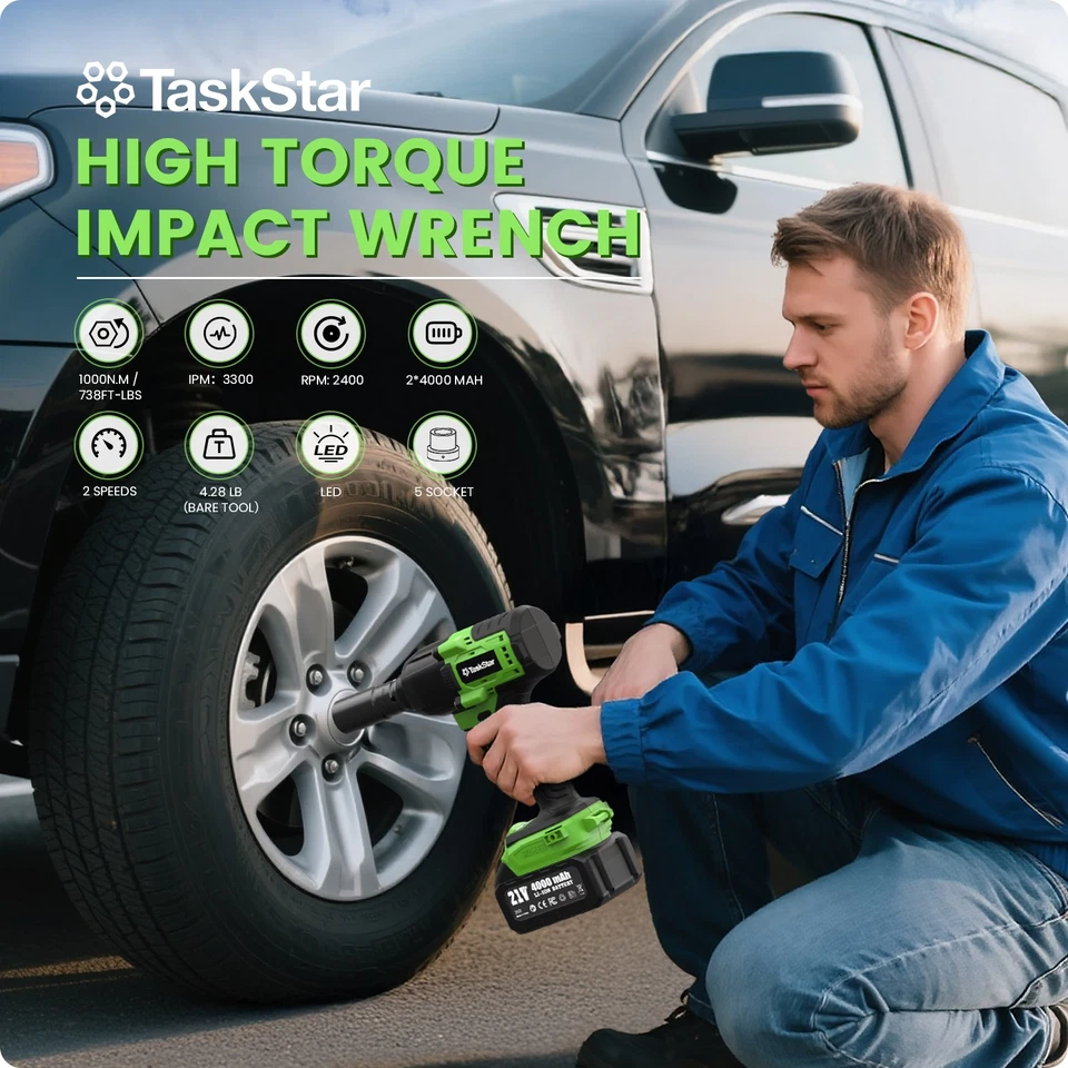 TaskStar 1000N.m (738ft-lbs) 1/2" Cordless Impact Wrench 2x 4000mah Fast Charge Foto 2 de 4