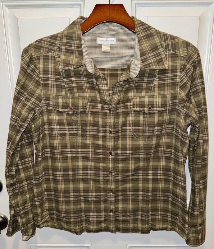 Christopher & Banks Womens Cotton LS Button Up Taupe Plaid Blouse Shirt Large