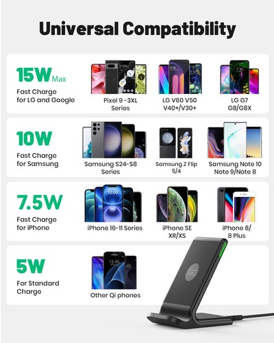 Wireless Charger, 15W Fast Qi Certified Wireless Charging Station with Sleep-Fri - Picture 6 of 10