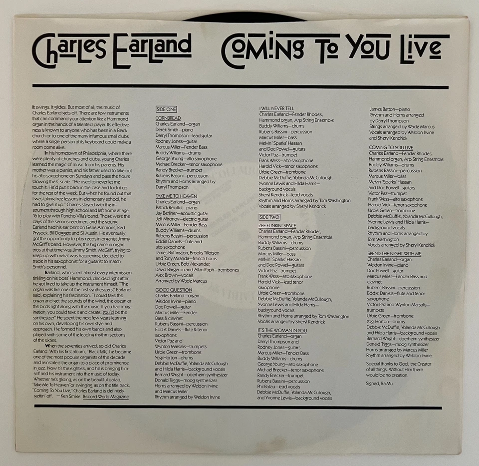 Charles Earland - Coming To You Live 1980 Columbia lp PROMO Weldon Irvine NM - Image 3 of 4