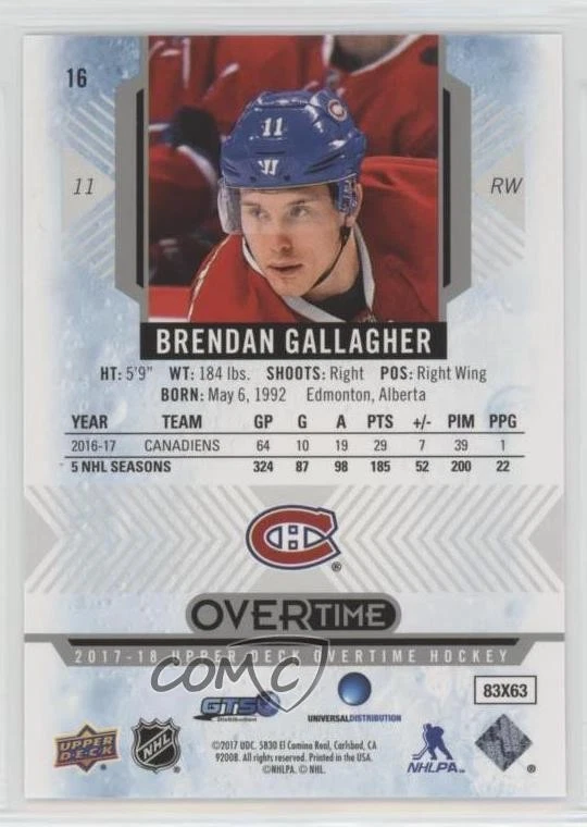 2017-18 Upper Deck Overtime Brendan Gallagher #16 - Image 2 of 2