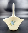 Vintage Fenton 7” Ruffled Satin Basket With Painted Blue Flowers Signed