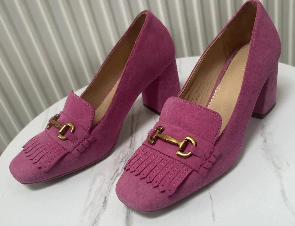 Boden Shoes Gillie Suede Block Heeled gold horse bit Foxglove purple 5 New - Image 2 of 4