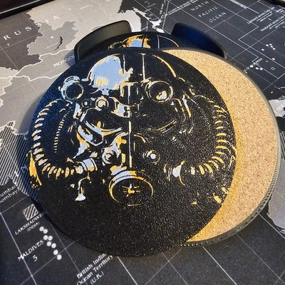 Fallout Power Armor Helmet Coaster Set   4 Unique Gaming Coasters with Holder