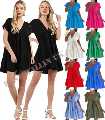 Damen Frauen V-Ausschnitt Rüschen Lagenlook Sommer Strand Stufen Kittel Swing Minikleid Top